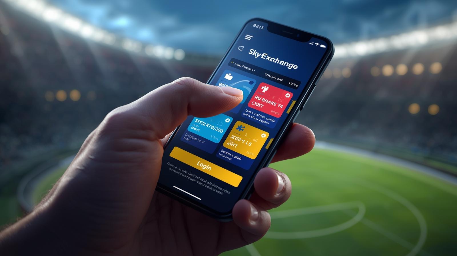 u4076-High‑energy-mobile-hero-shot_-close-up-of-a-hand-tapping-a-smartphone-showing-Skyexchange-app-one‑tap-login-with-live-cricket-odds-dynamic-UI-panels-vibrant-blue-and-gold-brand-colors-subtle-motion-blur-stadium